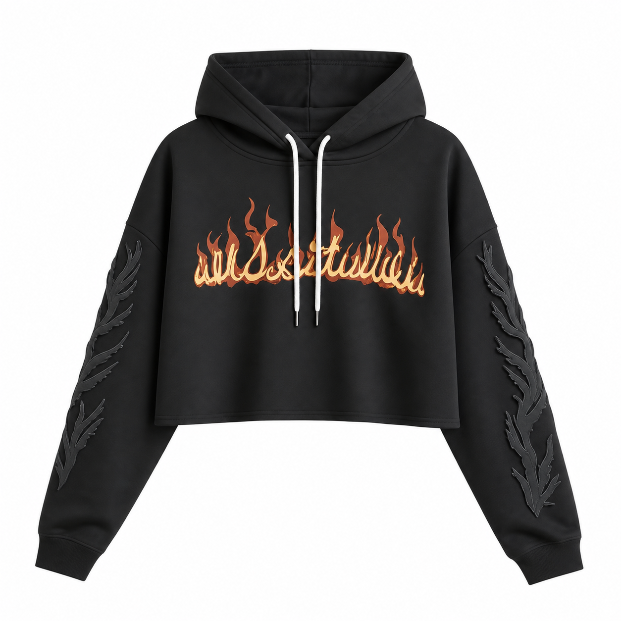 Inferno Crop Hoodie – Black Sweatshirt with Orange and Yellow Flames on Chest and Sleeves