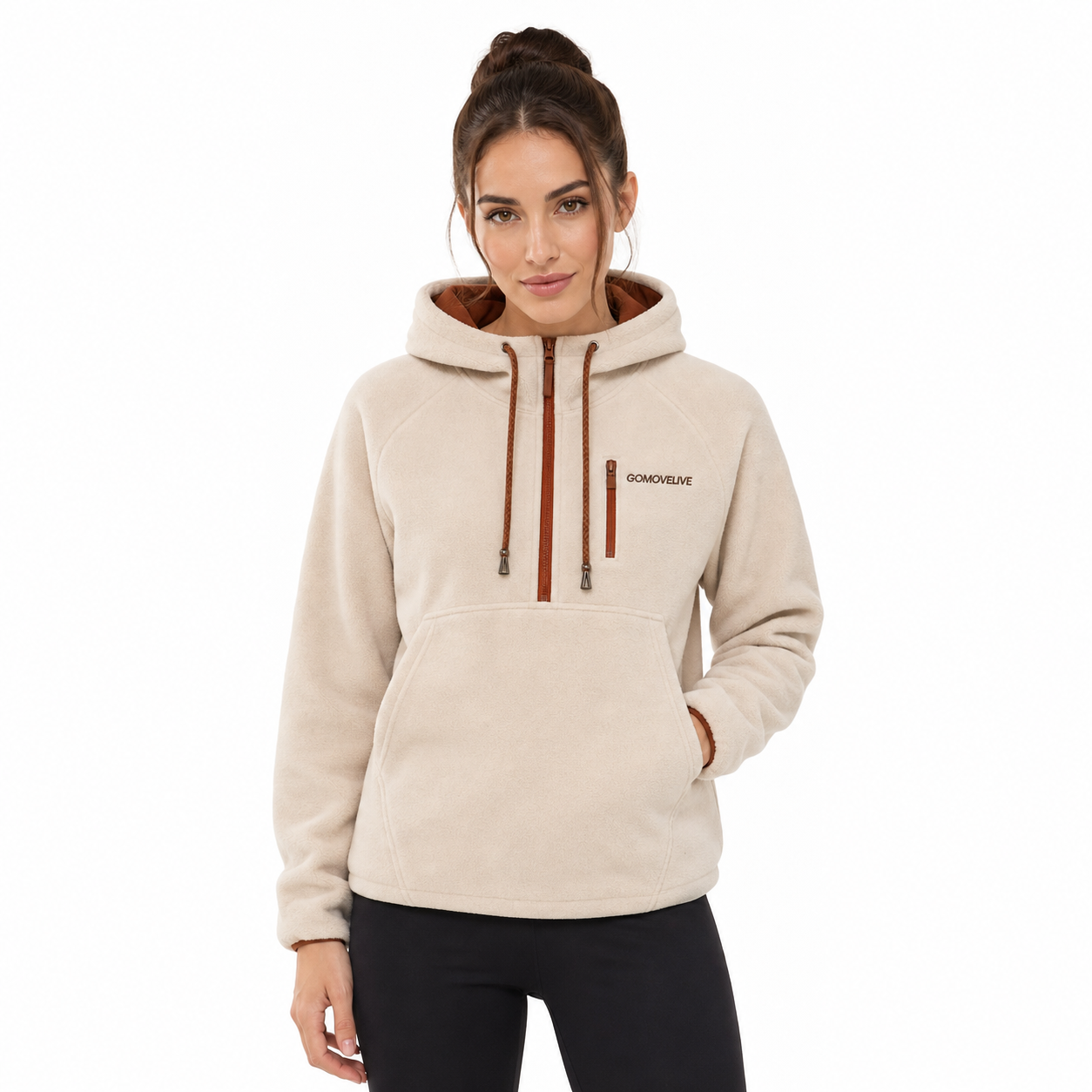 GOMOVELIVE Core – Beige Half-Zip Fleece Pullover with Adjustable Hood