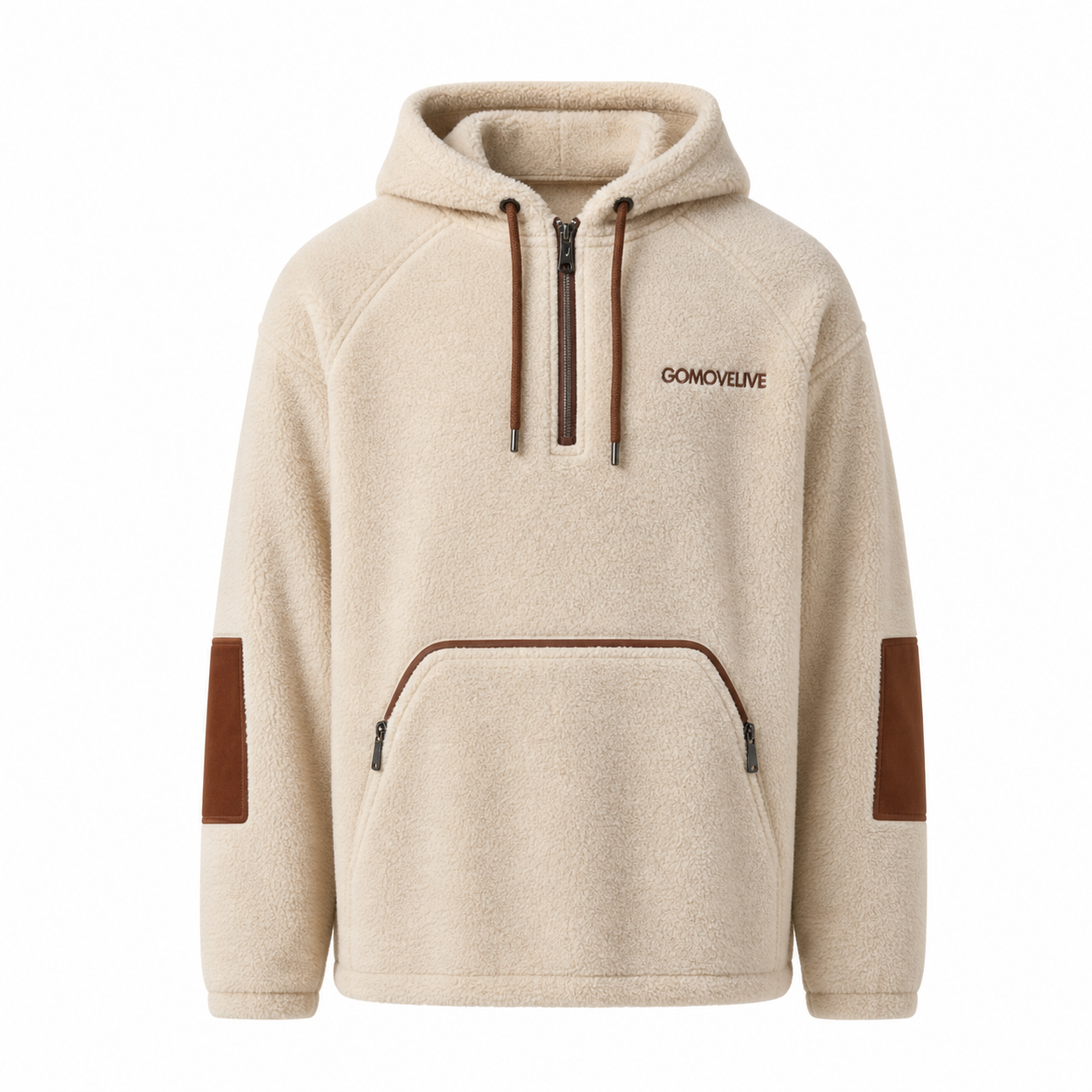 Nomad Ridge – Beige Hoodie with Brown Faux Leather Details