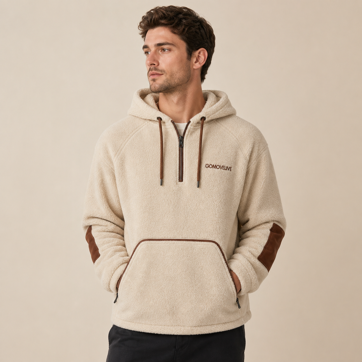 Nomad Ridge – Beige Hoodie with Brown Faux Leather Details