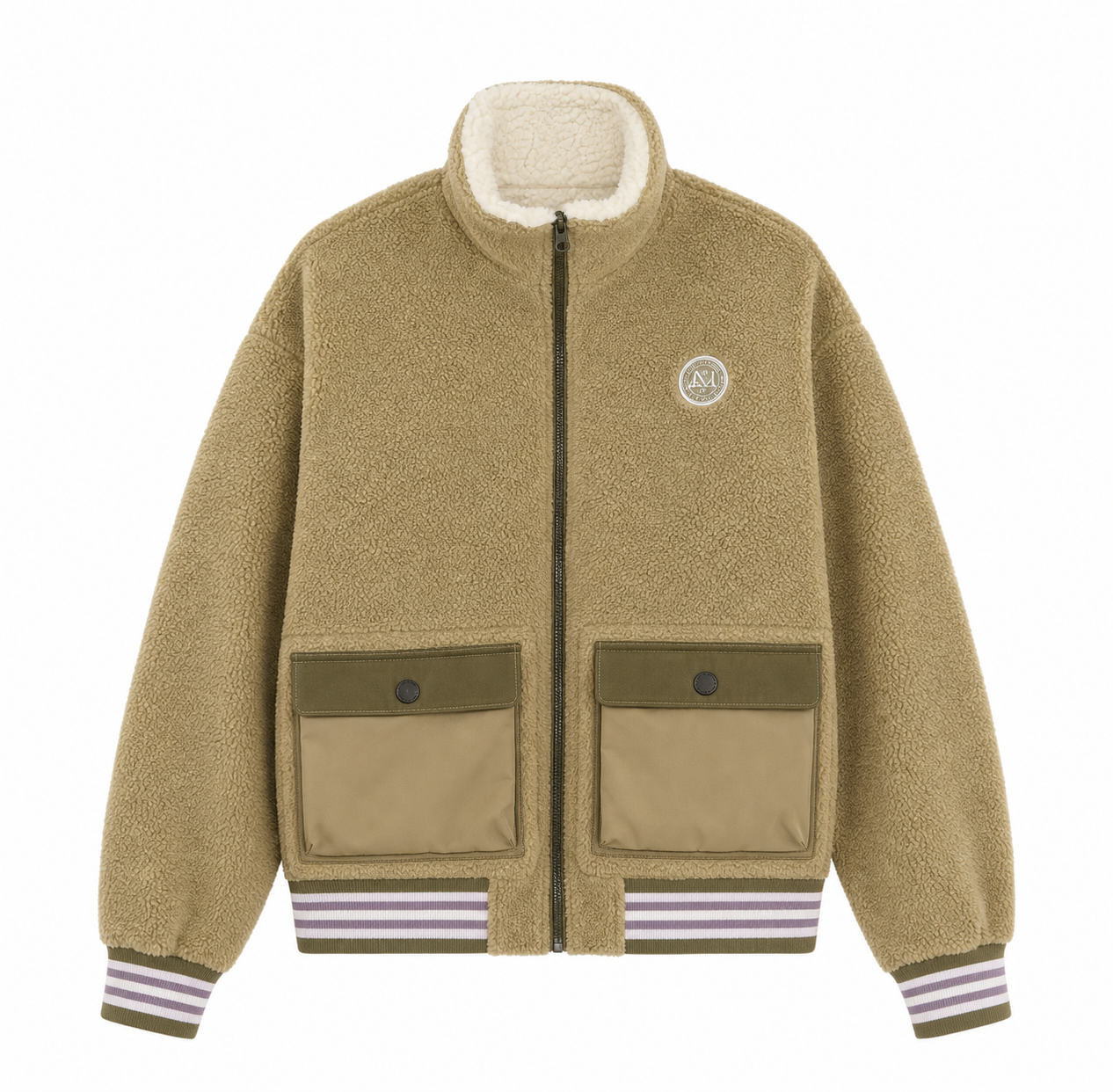 Beige Fleece Bomber Jacket with Striped Details