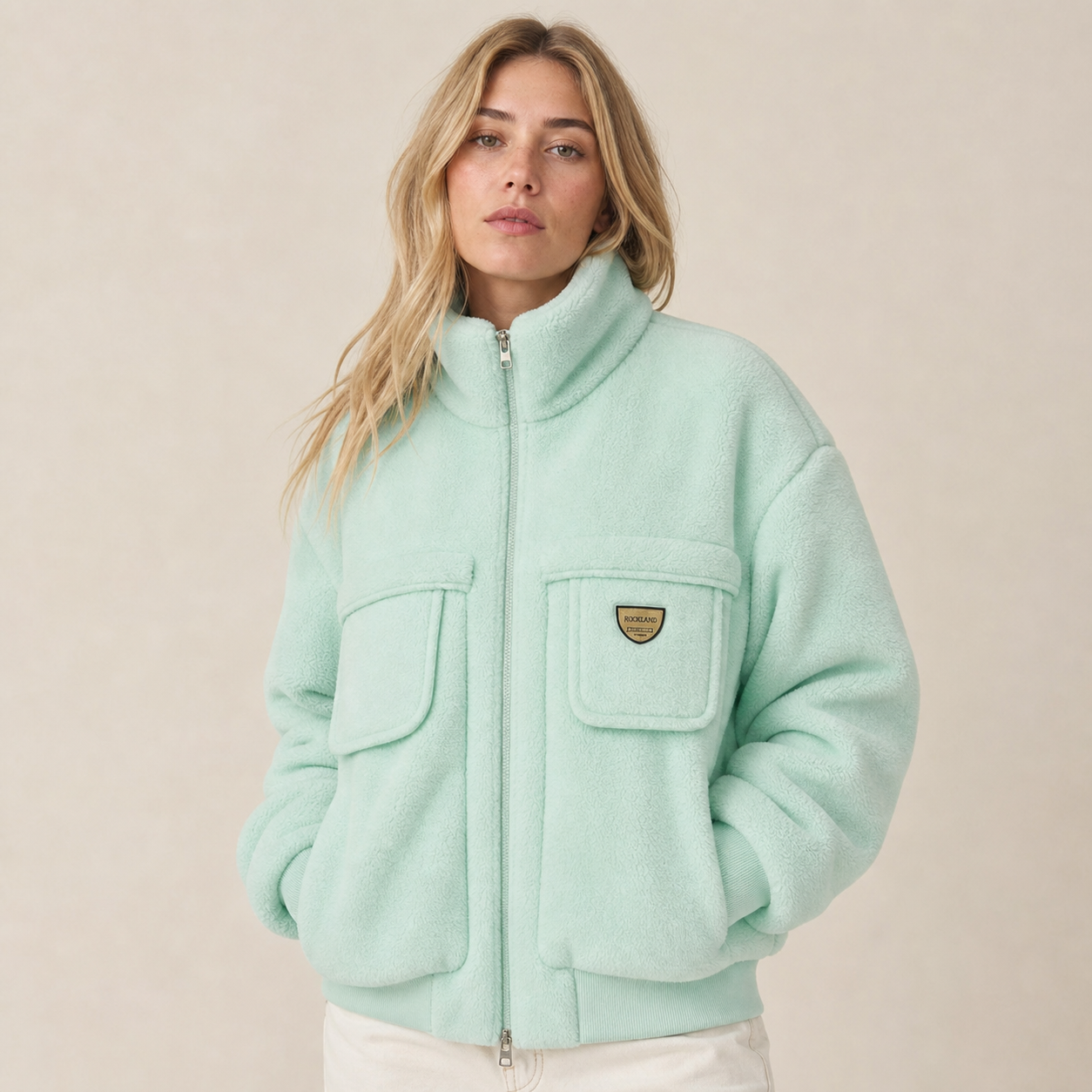 Gomovelive Mint Ridge – Mint Green Fleece Jacket with Front Pockets and High Neck