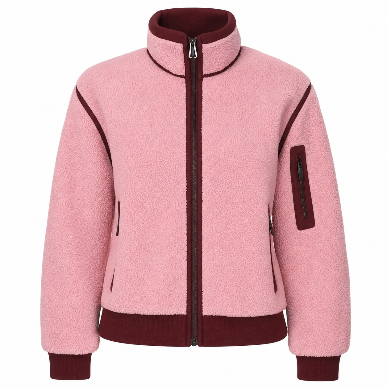 Blush Trail – Pink Fleece Set with Burgundy Details and Contrasting Zip