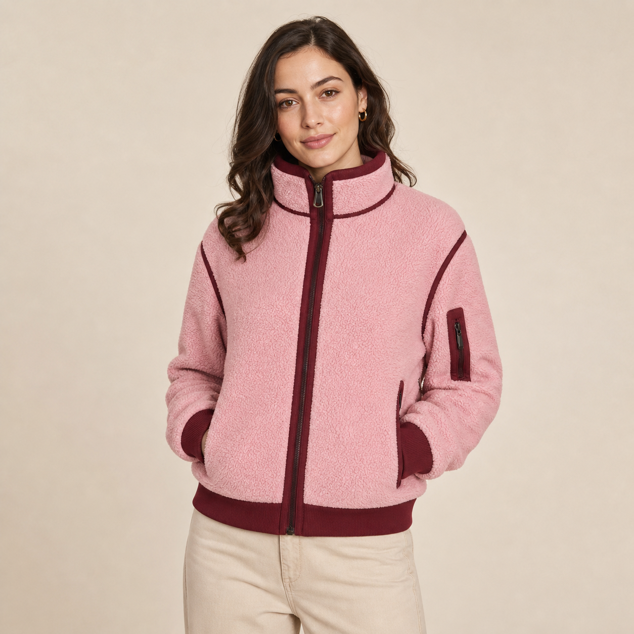 Blush Trail – Pink Fleece Set with Burgundy Details and Contrasting Zip