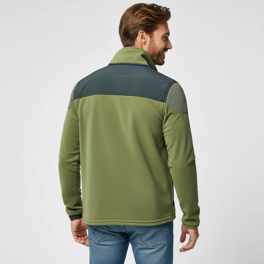Verdant Ridge – Green Fleece Jacket with Contrast Panel and Zip Chest Pocket