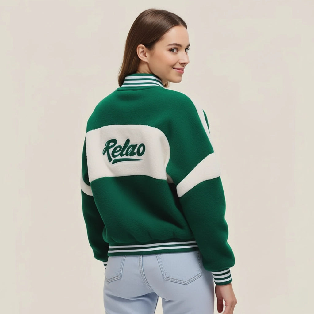 Two-Tone Fleece College Bomber Jacket: Vintage Spirit and Modern Warmth