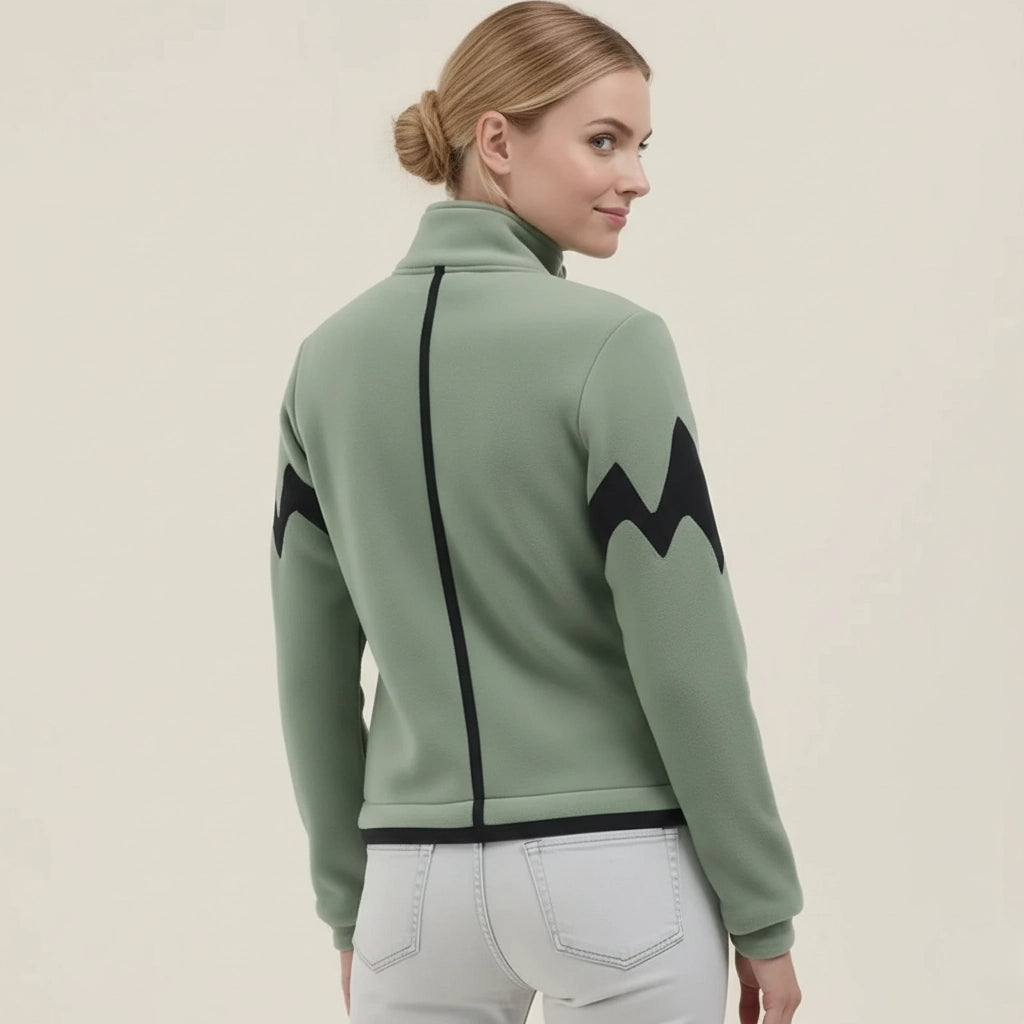Sage Green Fleece Jacket with Black Graphic Details