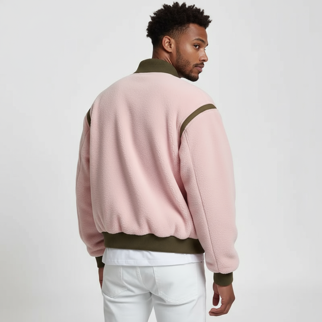 Blush Terrain – Pink Teddy Bomber Jacket with Olive Green Details and Urban Lines