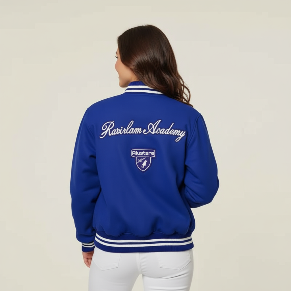 Cobalt Blue Varsity Jacket with White Detailing and Faux Fur Pocket - Iconic Style and Casual Comfort