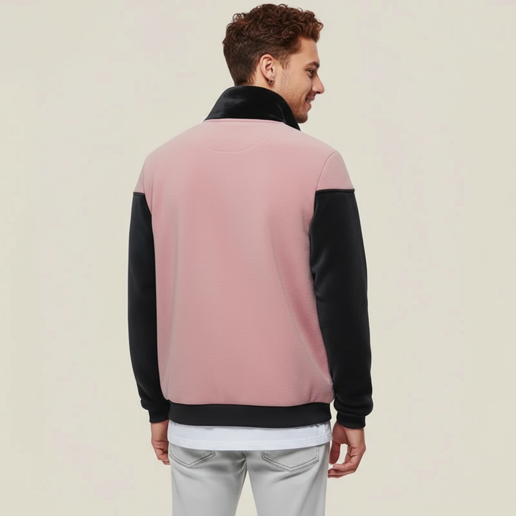 Powder Pink and Black Fleece Jacket - Modern Style and Snug Warmth