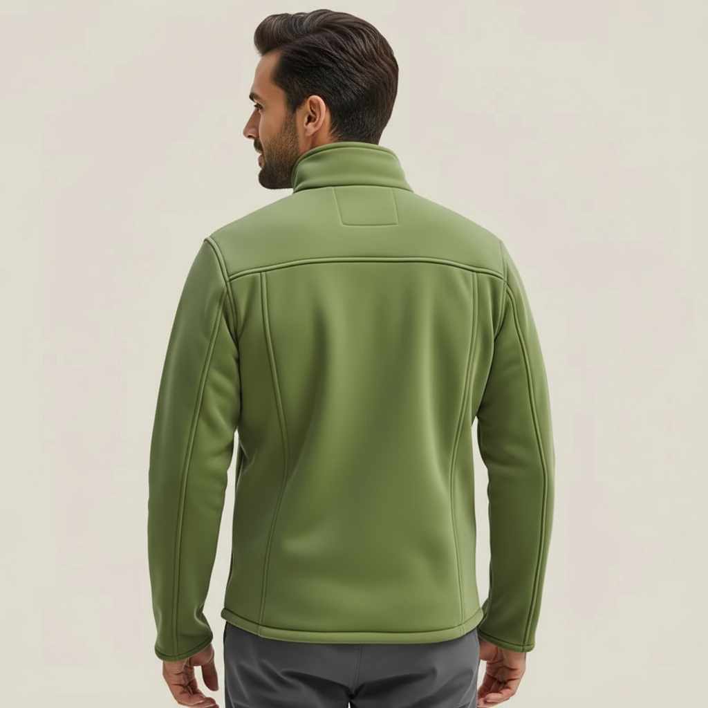 Verdant Trail – Green Fleece Jacket with Zip Pockets and High Neck