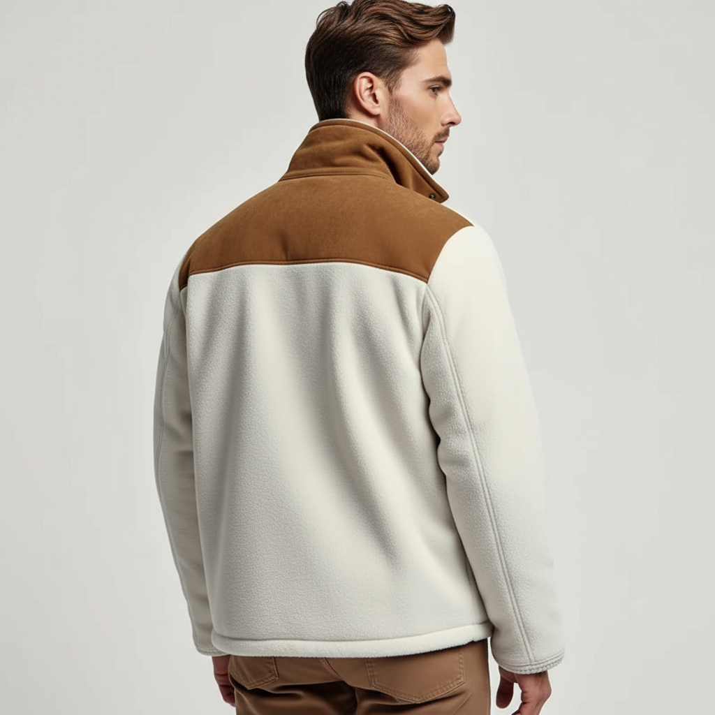 Soft Ivory Fleece Jacket with Contrasting Faux Leather Details