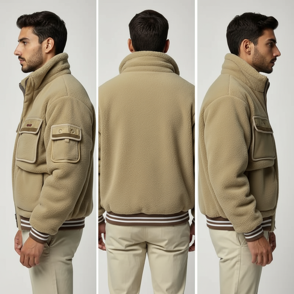Beige Fleece Bomber Jacket with Striped Details - Distinctive Style and Comfort