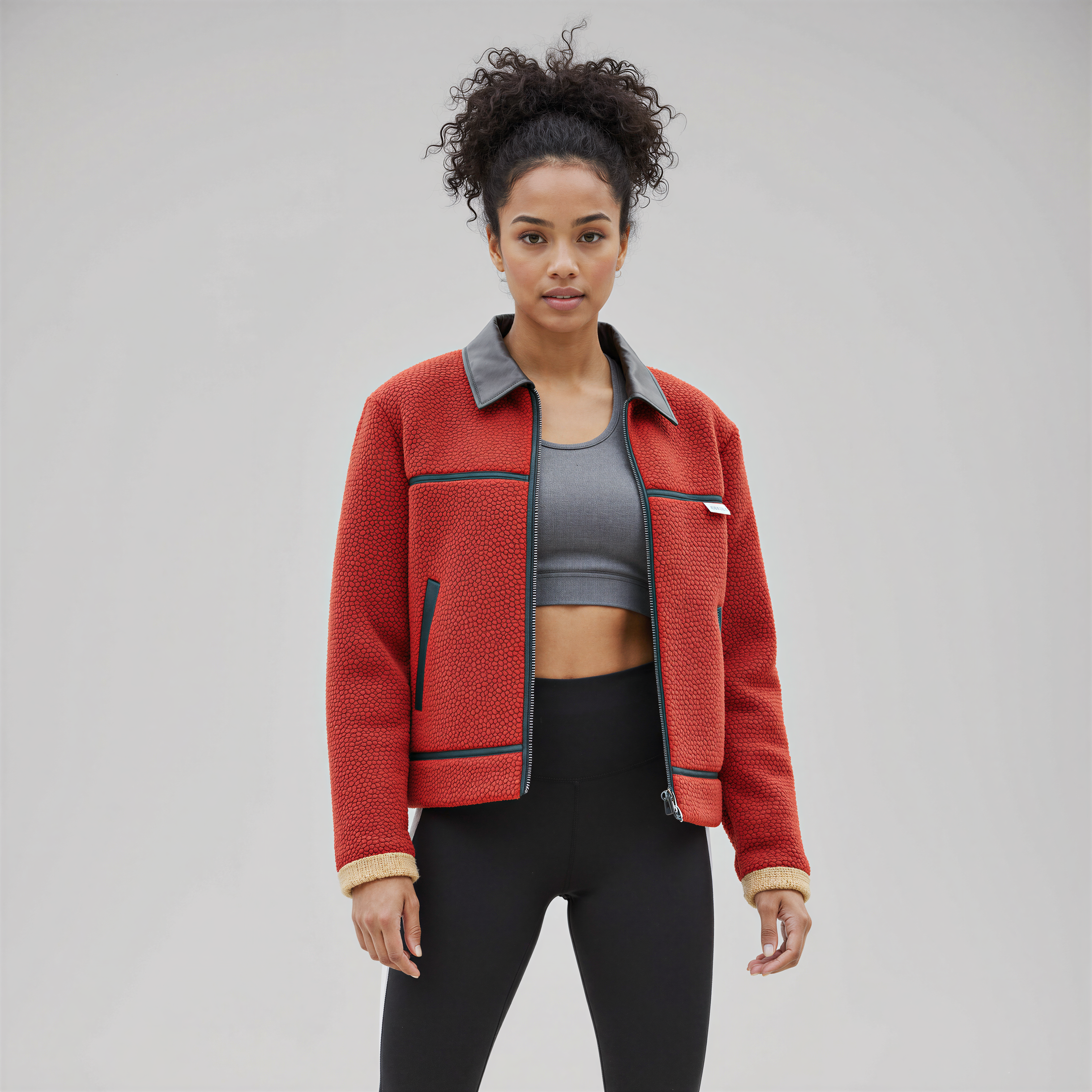 Giacca sportiva in sherpa rosso con dettagli in pelle e finiture sartoriali