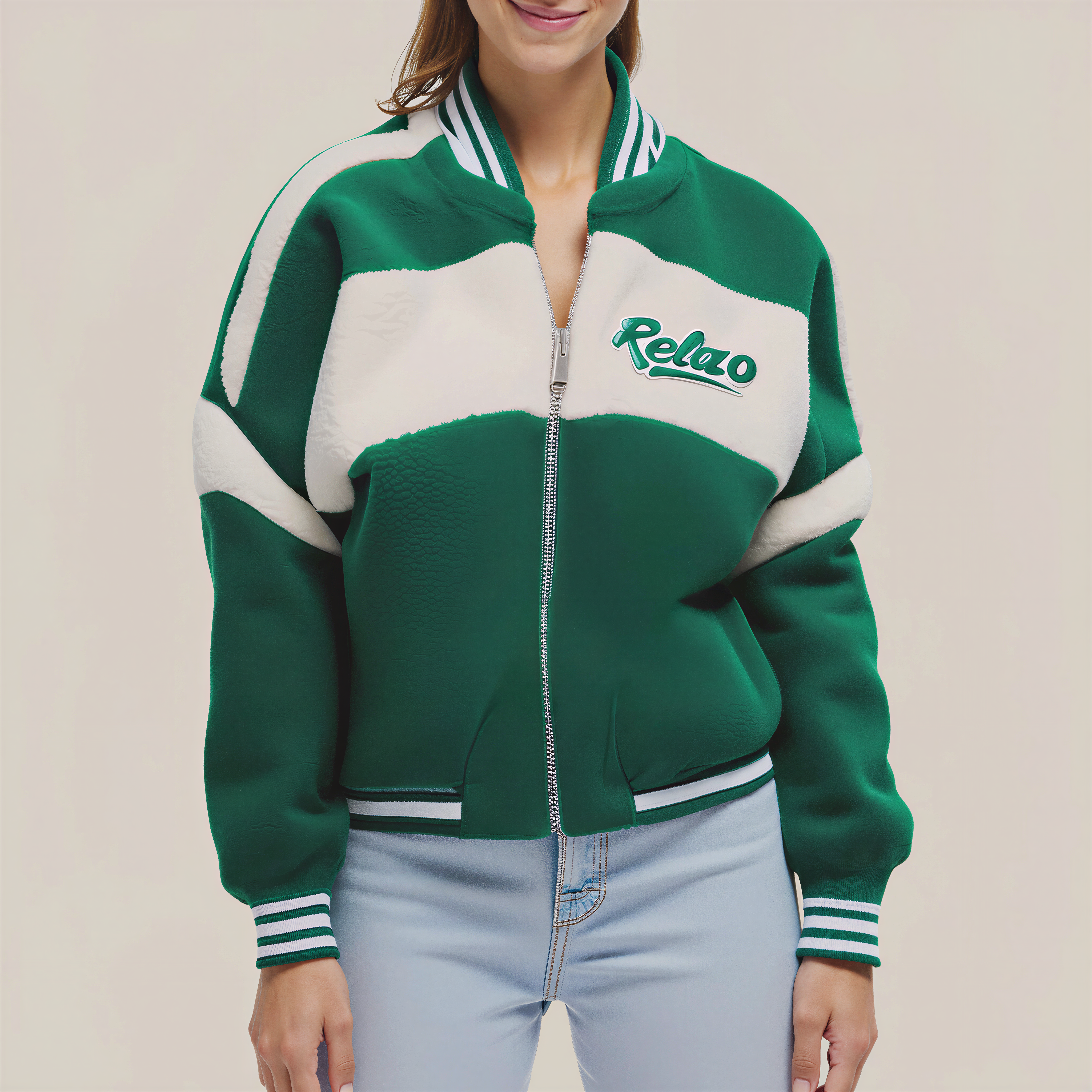 Two-Tone Fleece College Bomber Jacket: Vintage Spirit and Modern Warmth